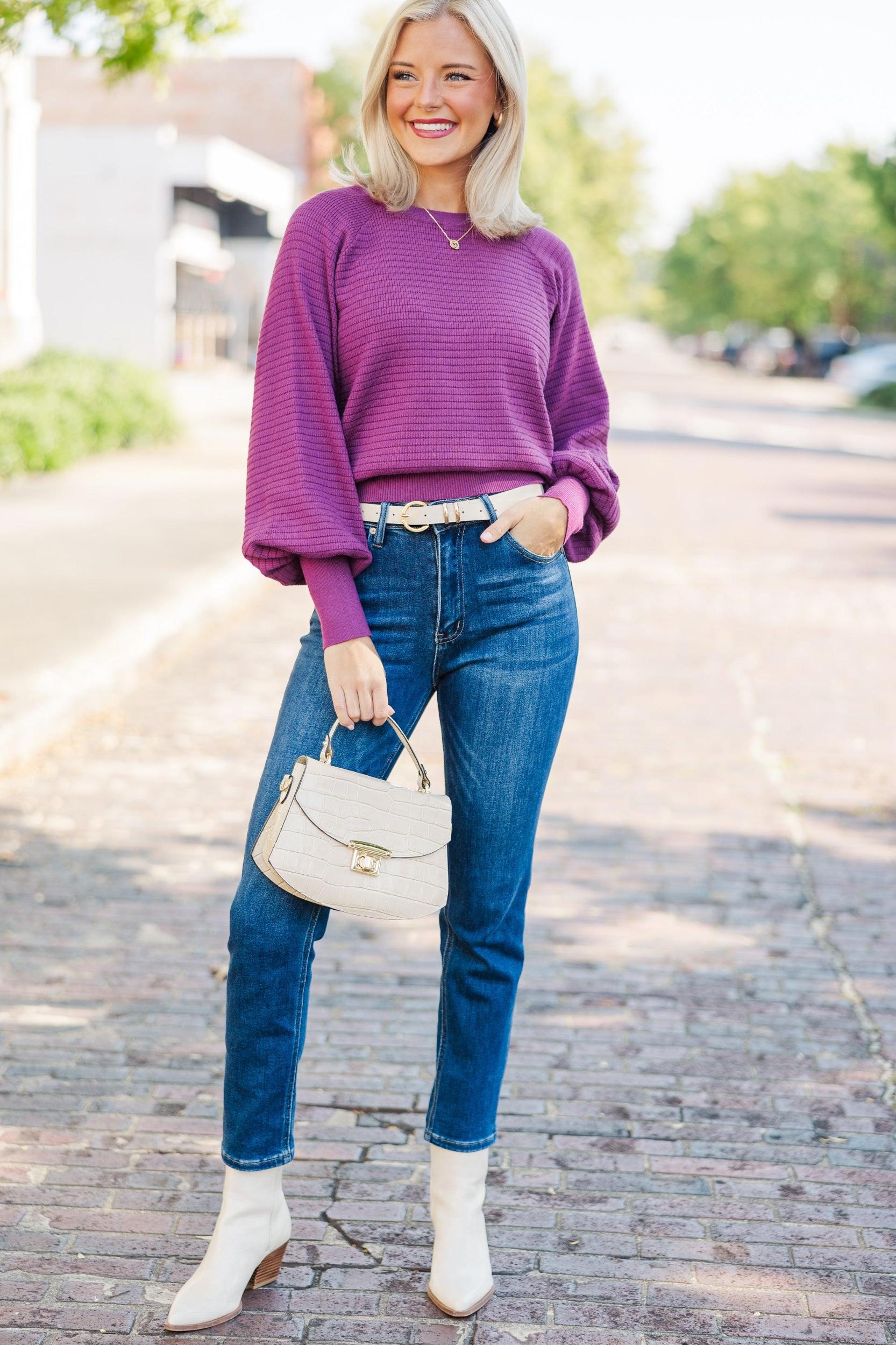 In The Works Plum Purple Ribbed Sweater Female Product Image