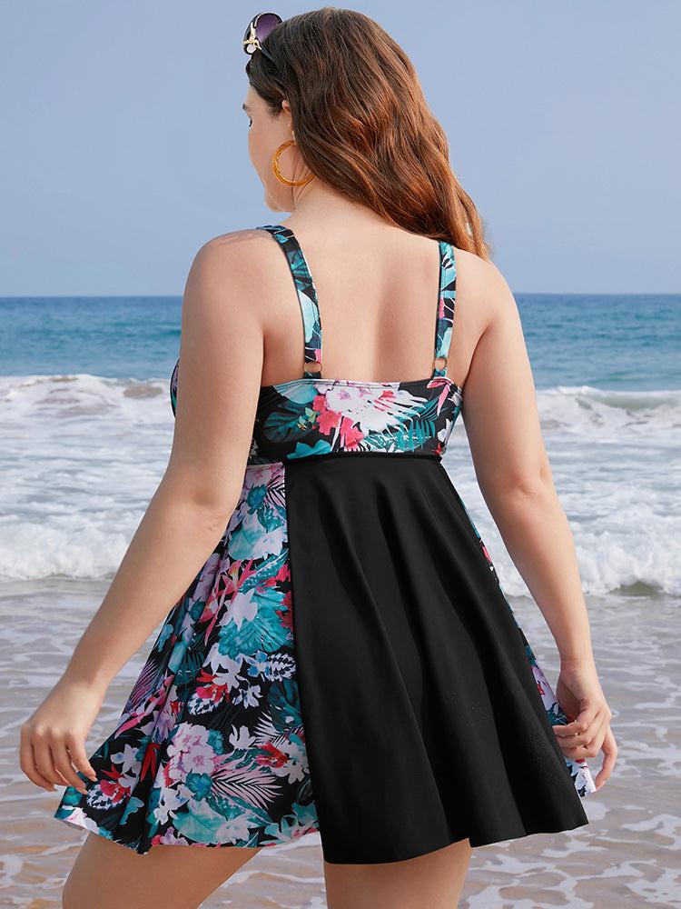 Tropical Contrast Drawstring Ruched Ruffles  Swim Dress Female Product Image