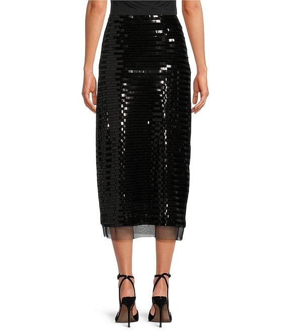 Le' AL.X Sequin Knit High Rise Sheath Slip Midi Sheer Hem Coordinating Skirt Product Image