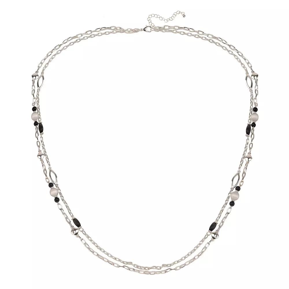 Silver Tone Double Strand Necklace with Black Bead Accents, Women's, None Product Image