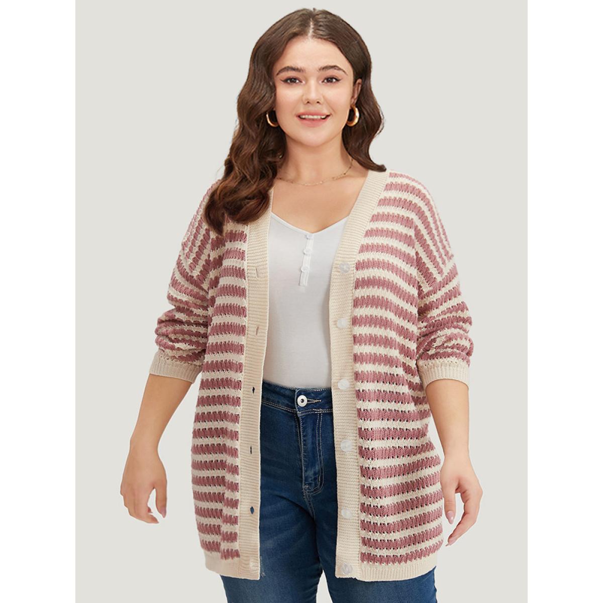 Plus Size Striped Button Through Cut Out Cardigan DustyPink Women Casual Loose Long Sleeve Dailywear Cardigans BloomChic 14-16/1X Product Image