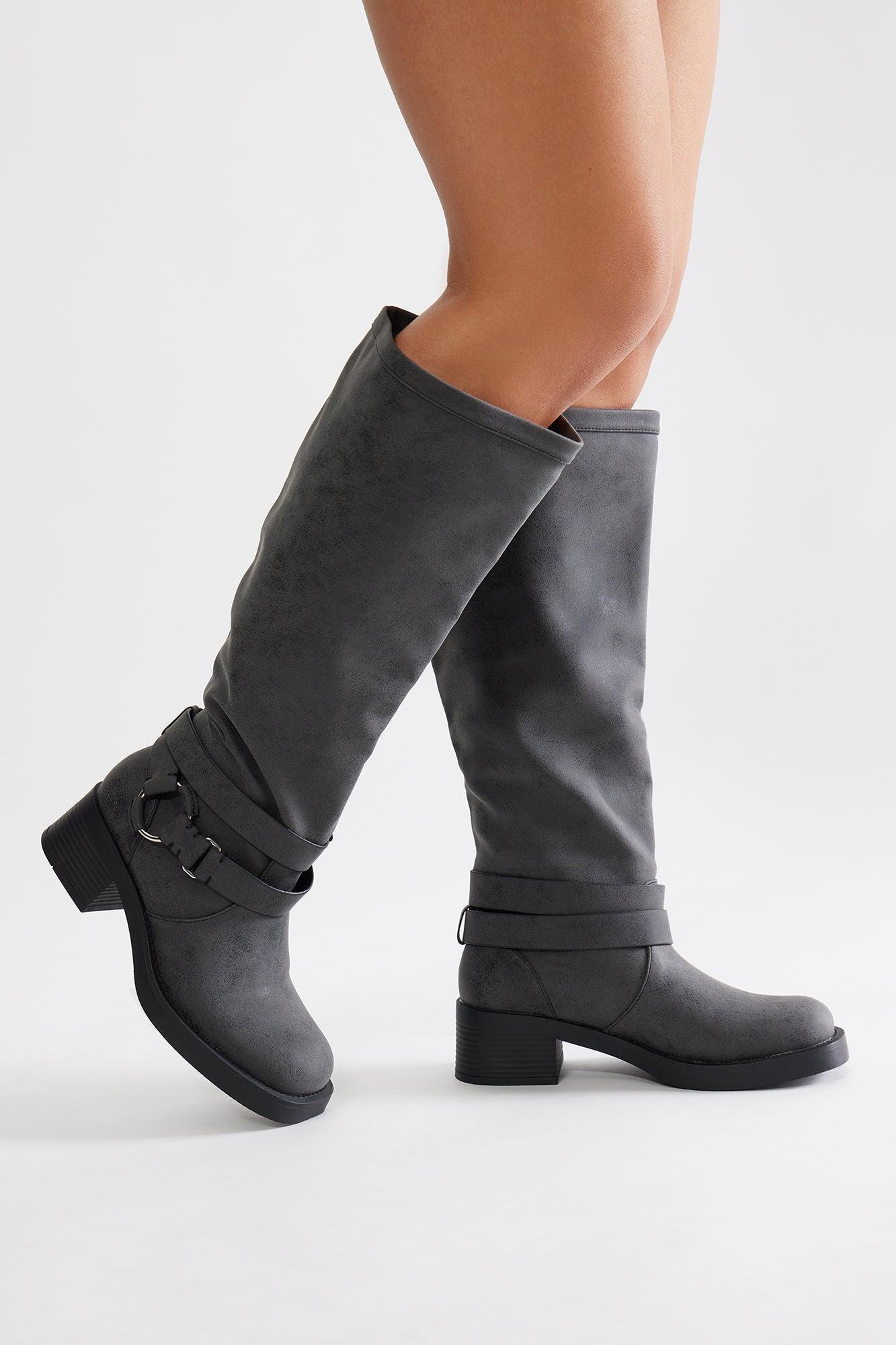 Marlene Buckle Knee High Boots - Black Product Image