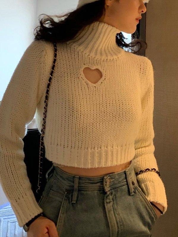 Cutout Heart Turtleneck Cropped Sweater Product Image