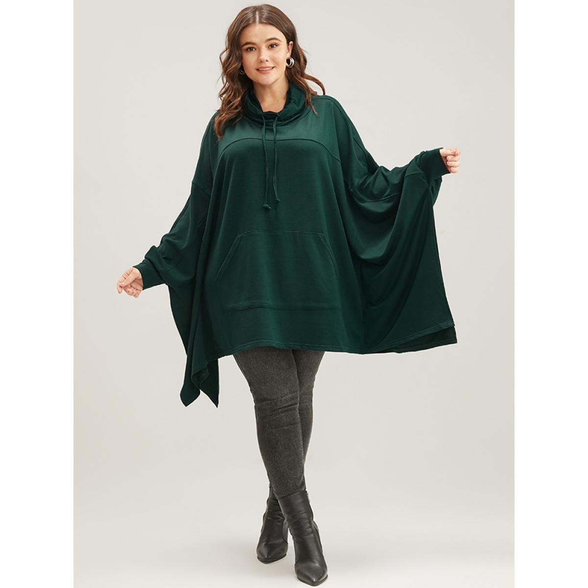 Plus Size Solid Pocket Dolman Sleeve Drawstring Sweatshirt Women DarkGreen Casual Asymmetrical Turtleneck Dailywear Sweatshirts BloomChic 10/M Product Image