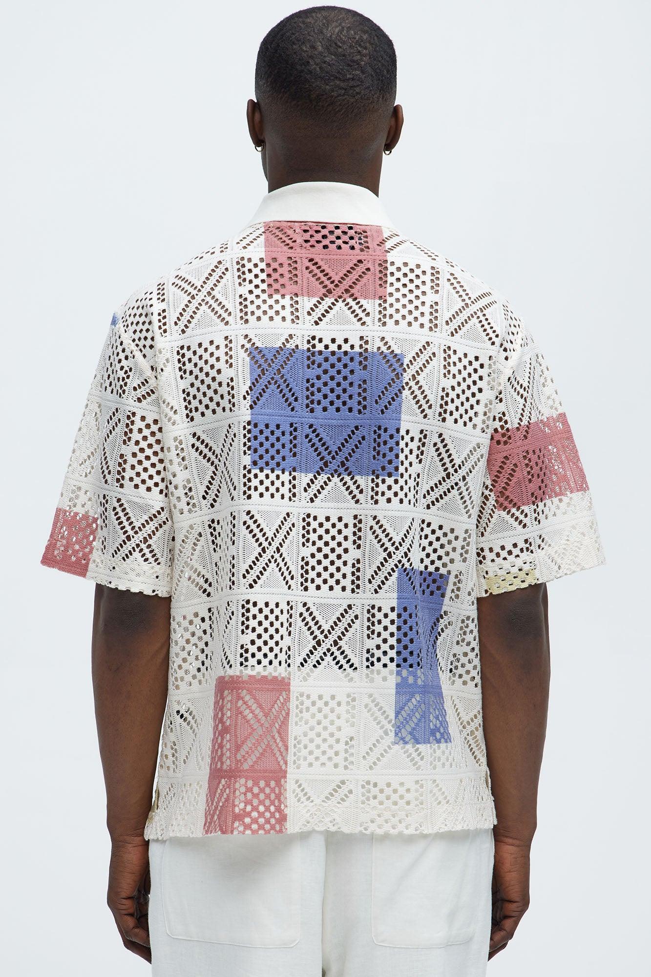 Mosaic Crochet Short Sleeve Full Button Shirt - Multi Color Product Image