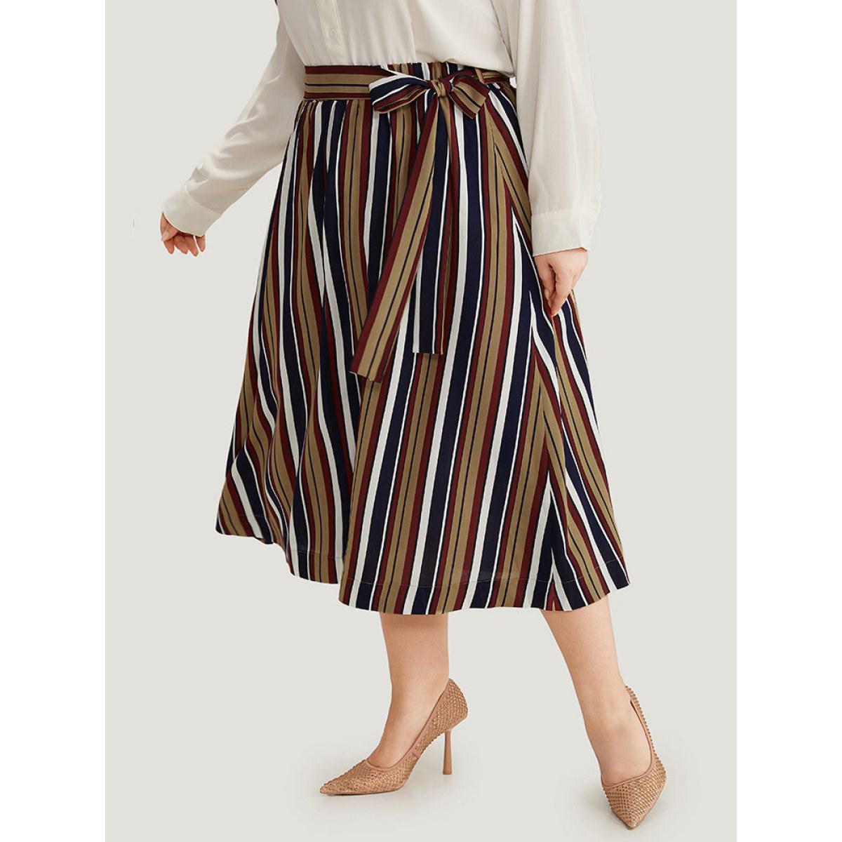 Plus Size Striped Ties Elastic Waist A-line Skirt Women DarkBlue Office A-line Loose No stretch Belt Office Skirts BloomChic 30/6X Product Image