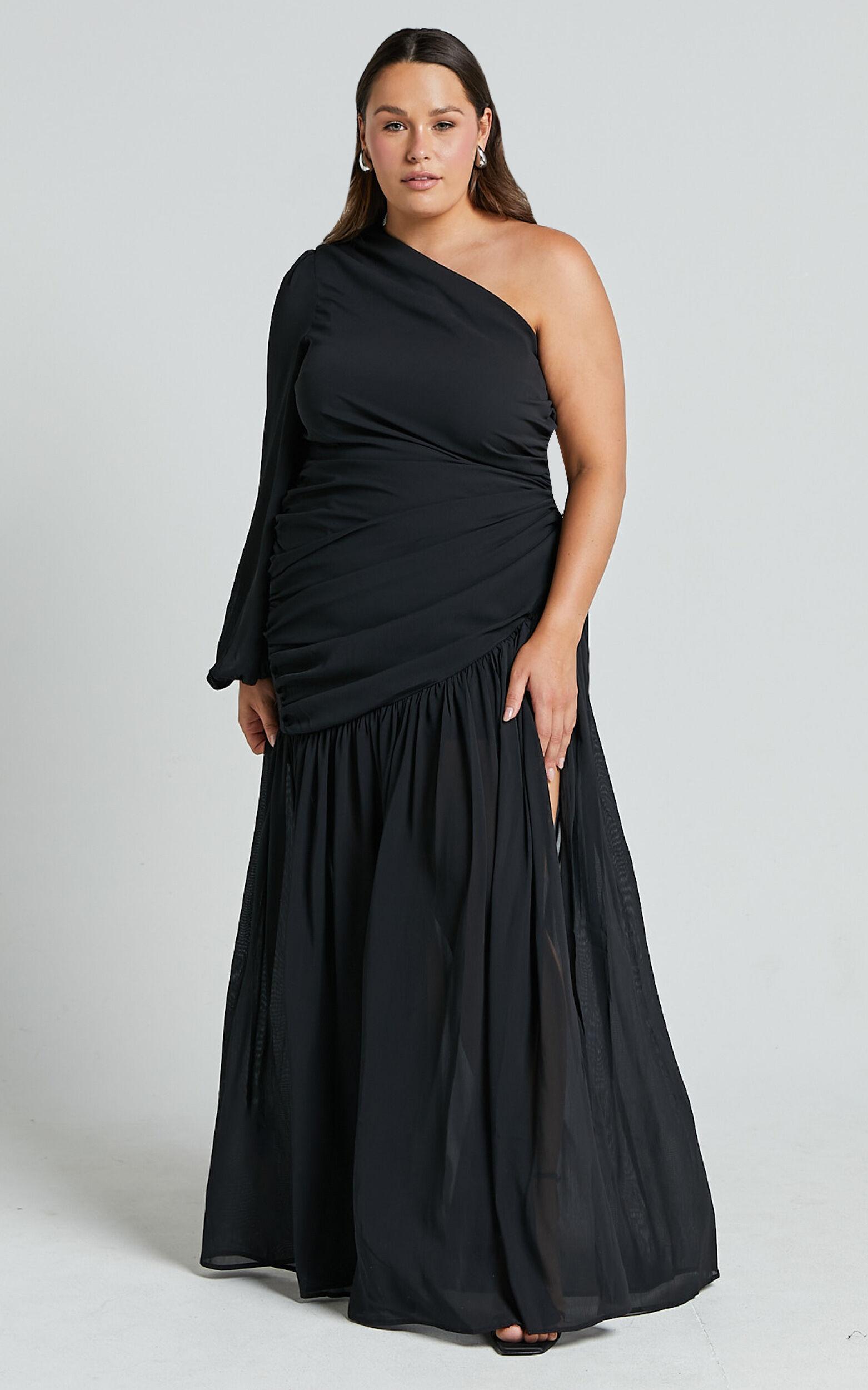 Grittah Midi Dress - One Shoulder Bishop Sleeve High Split Ruched Dress in Black Product Image