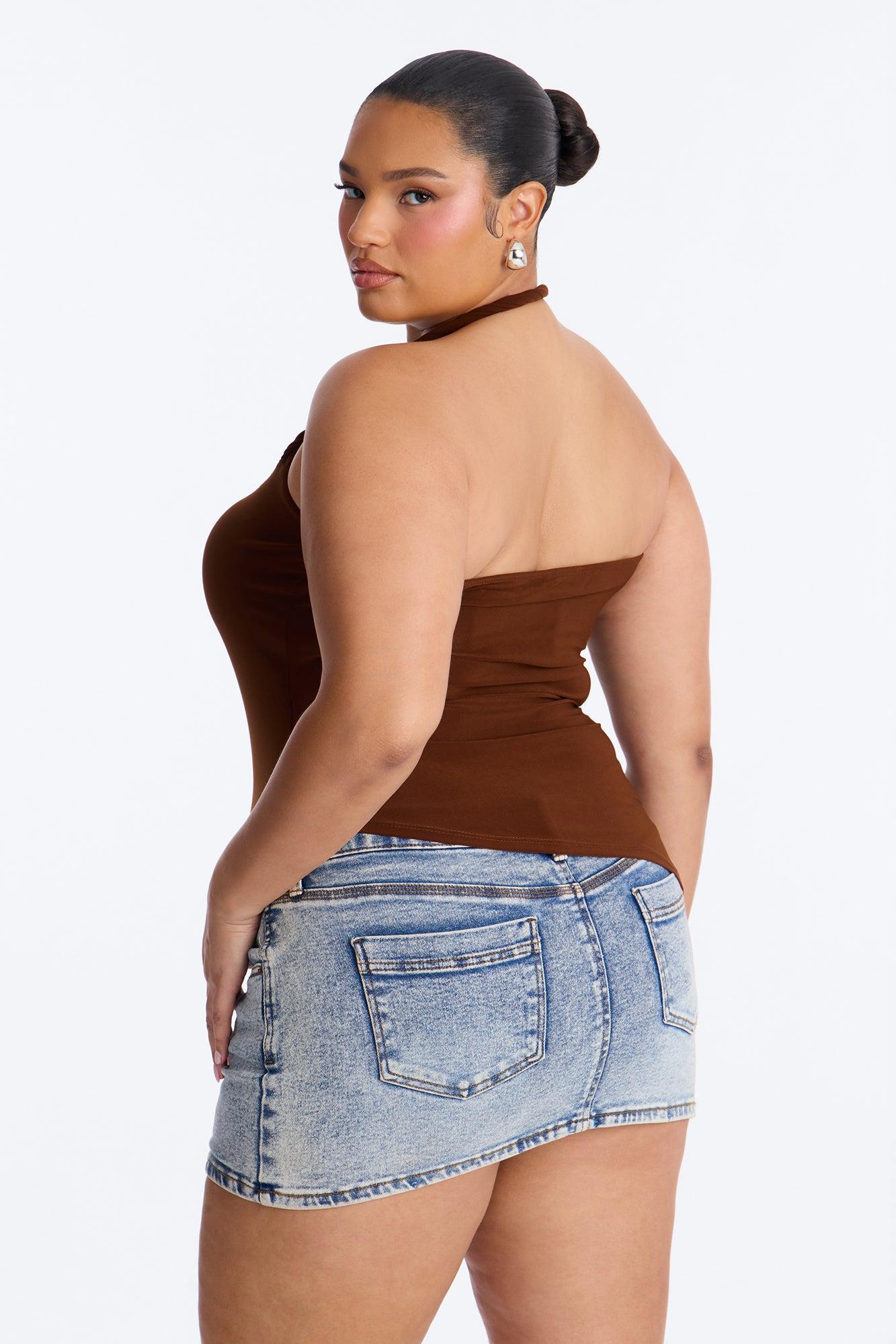 Maddy Asymmetrical Twist Ruched Halter Top - Brown Female Product Image