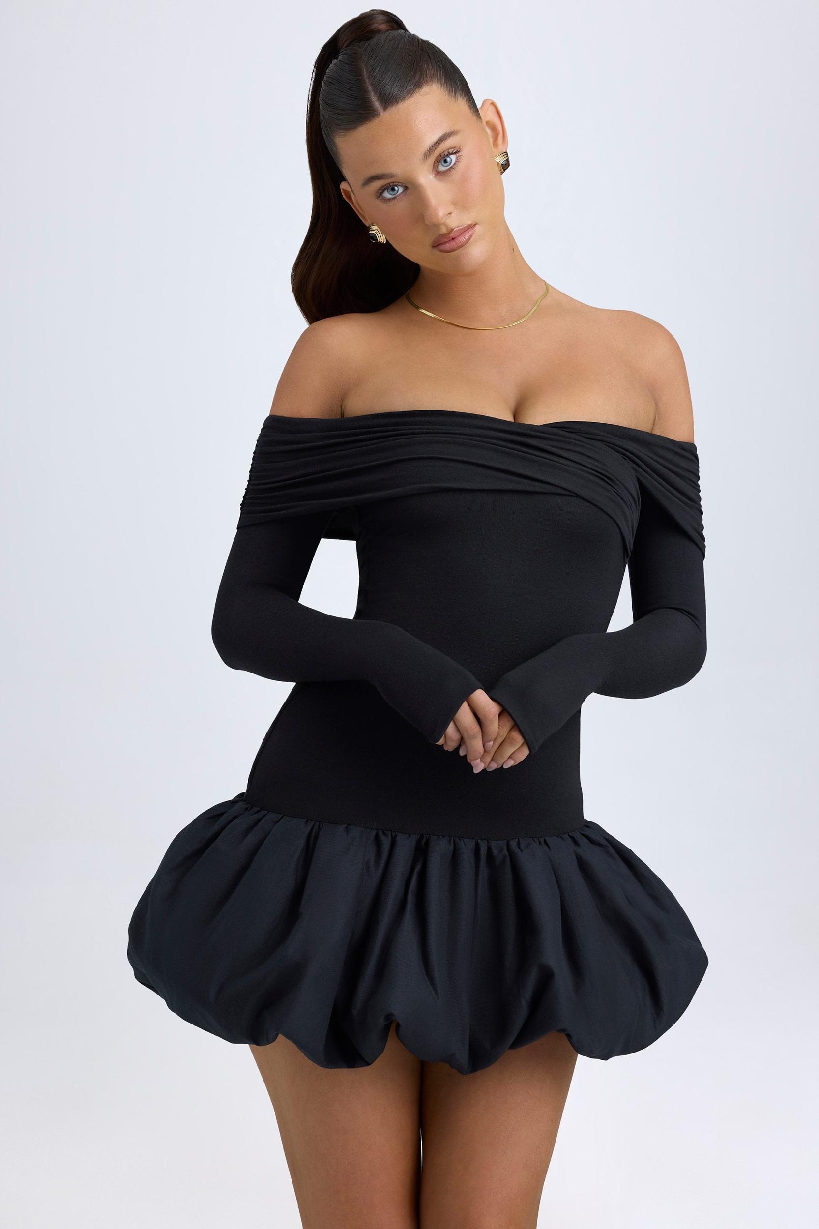 Modal Off-Shoulder Bubble Hem Mini Dress in Black Product Image