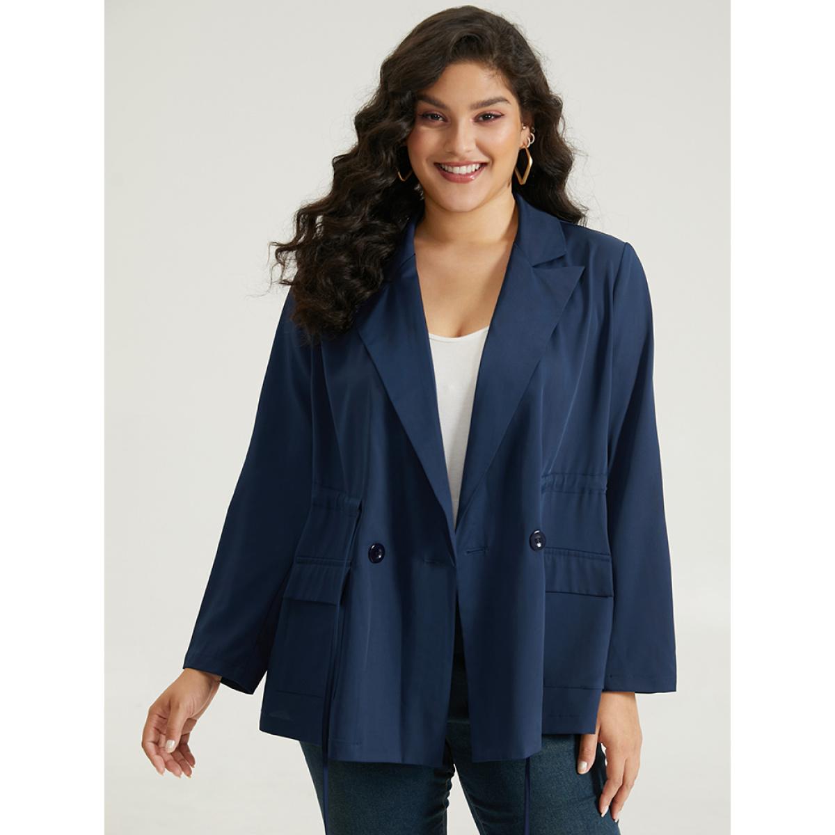 Plus Size Button Up Drawstring Pocket Blazer Indigo Women Office Plain Plain Sleeve Long Sleeve Lapel Collar 26/4X Pocket At the Office Blazers BloomChic Product Image