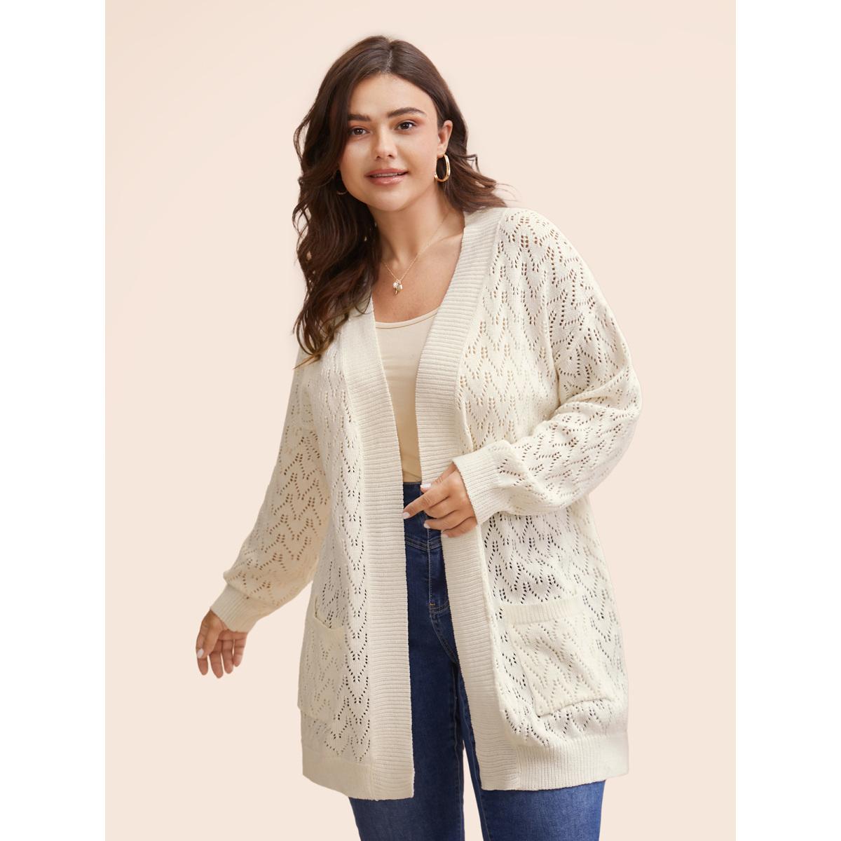 Plus Size Kimono Collar Patch Pocket Pointelle Knit Cardigan Beige Women Leisure Loose Long Sleeve Casual Cardigans BloomChic 28/5X Product Image