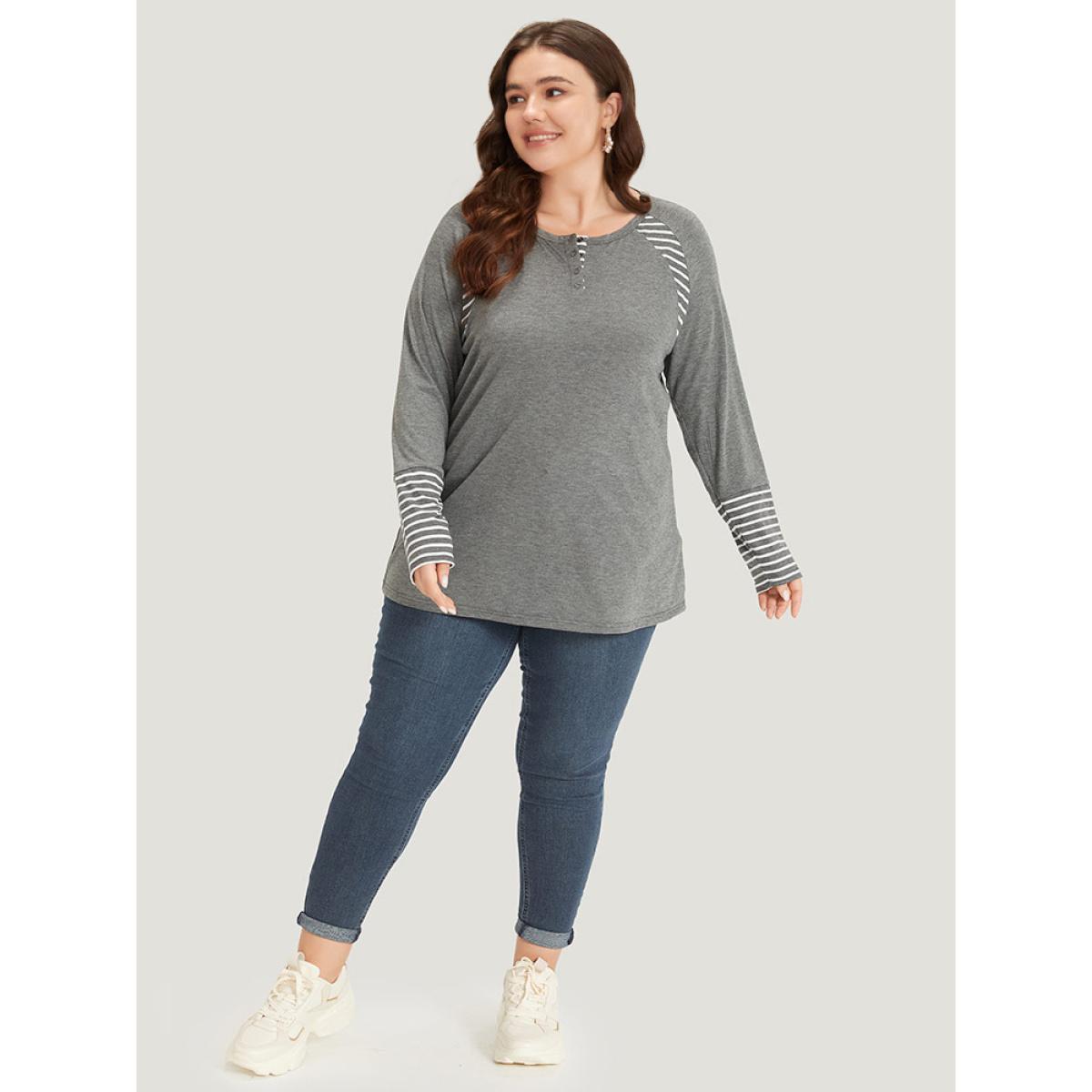 Plus Size Striped Patchwork Button Up Round Neck T-shirt DimGray Women Casual Contrast Striped Round Neck Dailywear T-shirts BloomChic 30/6X Product Image