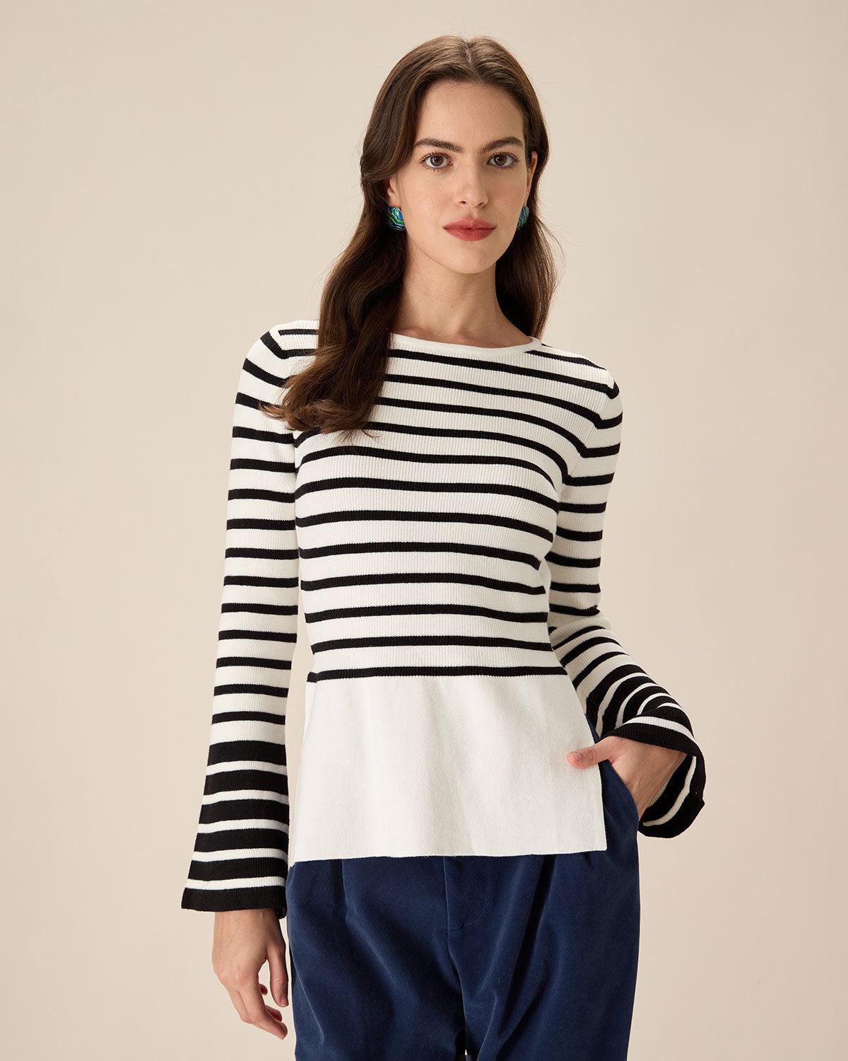 White Striped Boat Neck Sweater Product Image