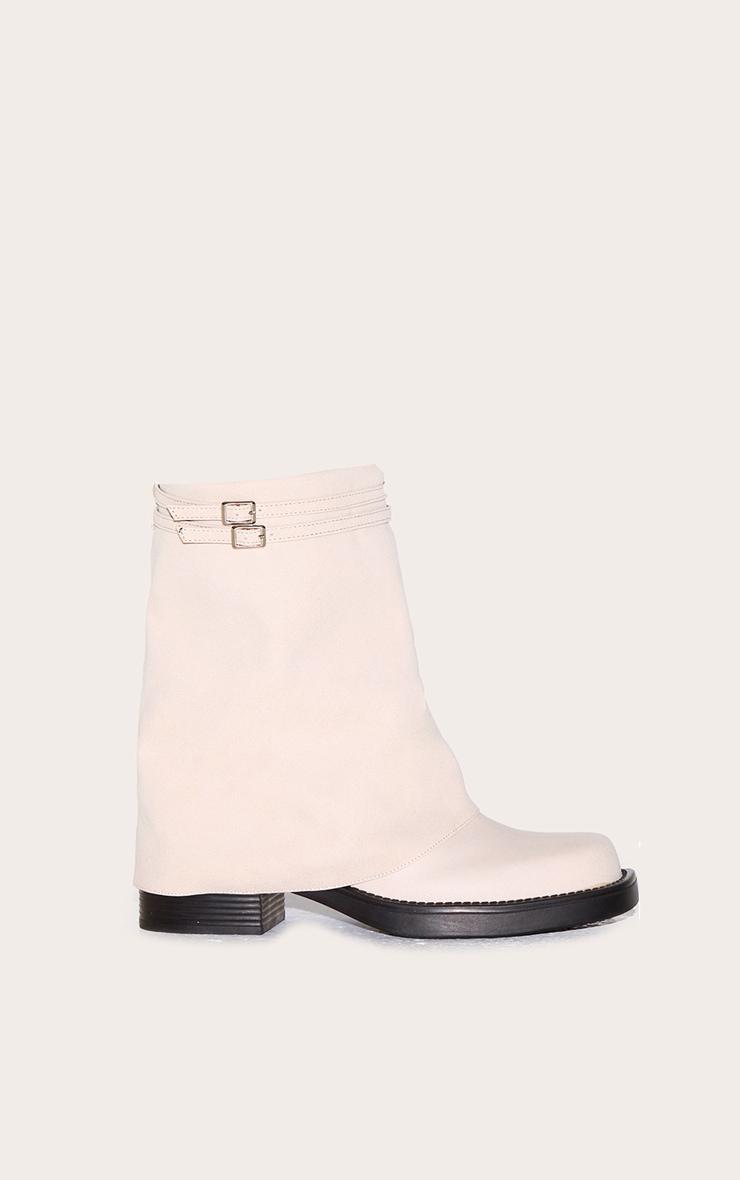Cream Faux Suede Round Toe Fold Over Buckle Strap Ankle Boots Product Image
