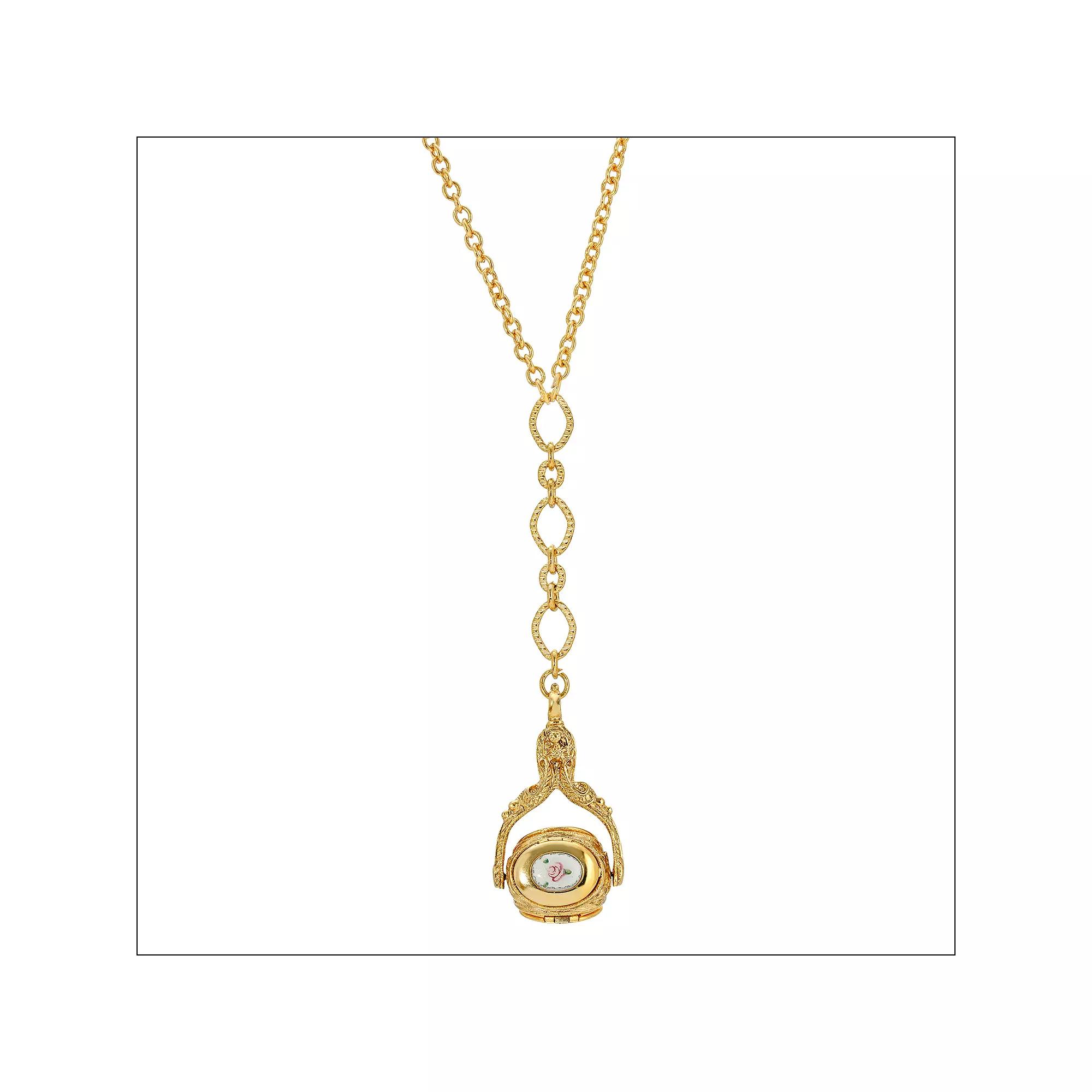 1928 Gold Tone Three-Sided Floral Spinner Locket Drop Necklace, Womens Product Image