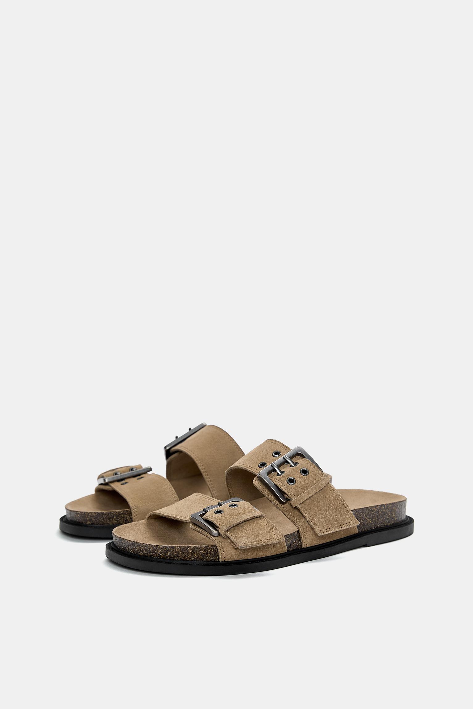 Leather flat sandals with buckles Product Image