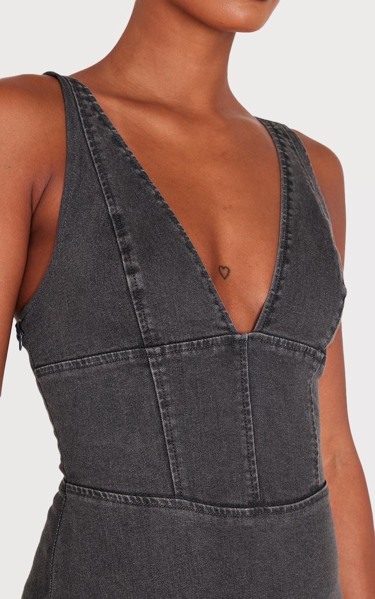 Washed Grey Plunge Corset Style Denim Mini Dress Product Image