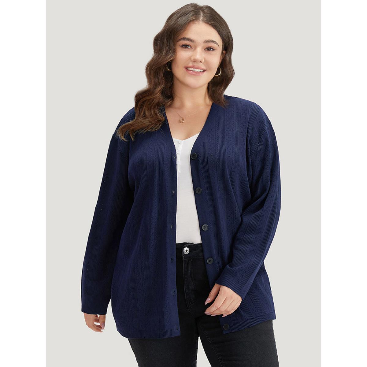 Plus Size Solid Button Down Very Stretchy Cardigan Indigo Women Casual Loose Long Sleeve Everyday Cardigans BloomChic 18-20/2X Product Image
