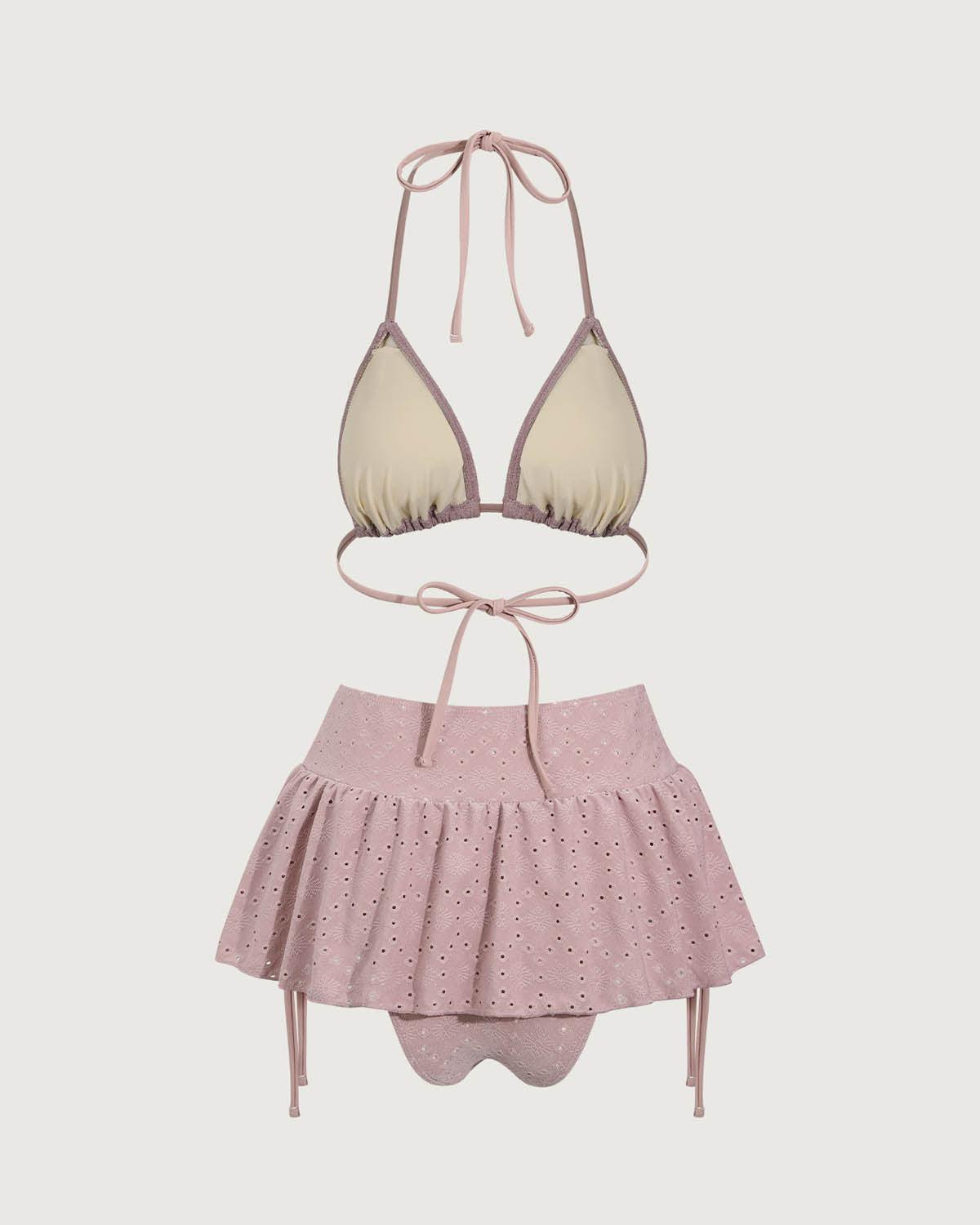 Pink Ruffle Drawstring Bikini Three Piece Suit Product Image