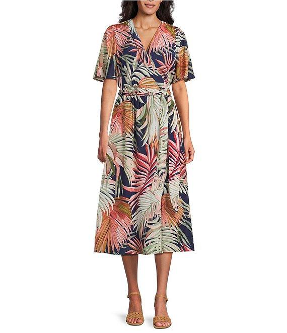 Tommy Bahama Palm Tropical Canyon Short Sleeve V-Neck Faux Wrap Midi Dress Product Image