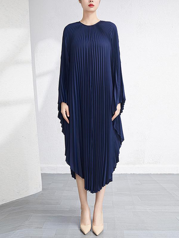 Batwing Sleeves Loose Pleated Solid Color Maxi Dresses Product Image