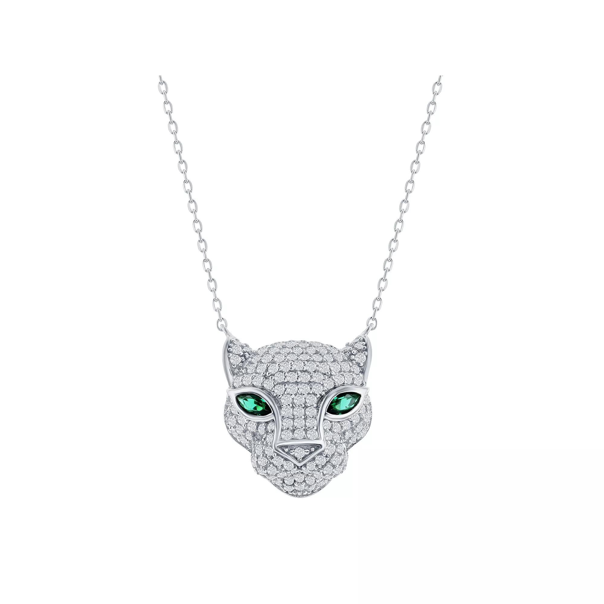 Argento Bella Sterling Silver Green & Clear Cubic Zirconia Panther Necklace, Womens Product Image