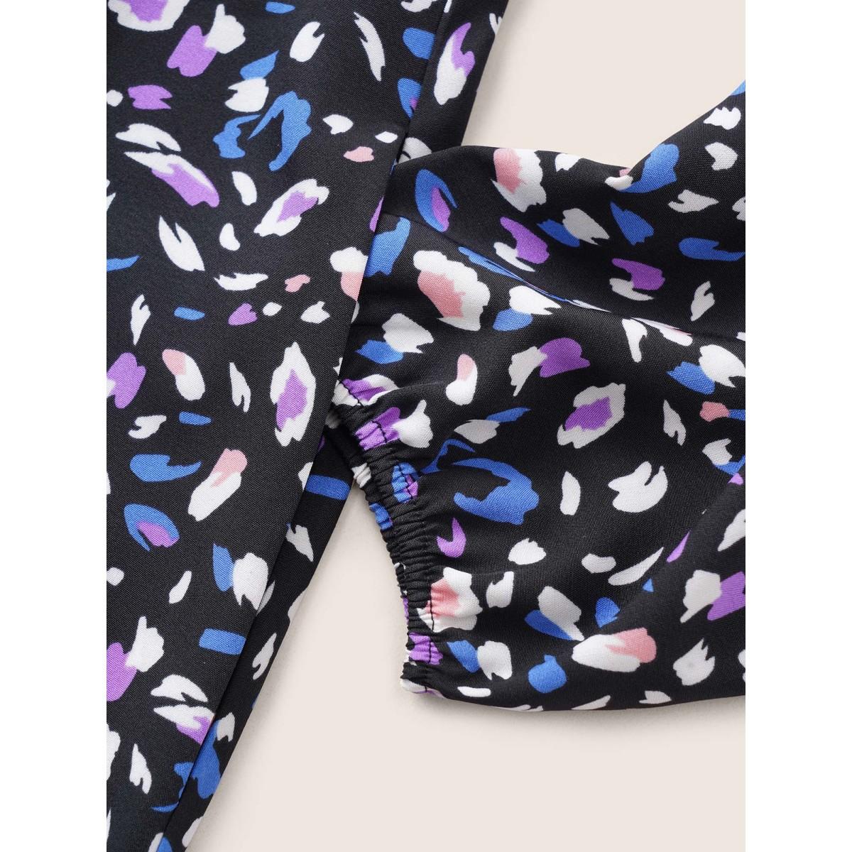 Plus Size Colored Leopard Print Elastic Cuffs Shirred Dress Black Women Elegant Non Round Neck Long Sleeve Curvy Knee Dress BloomChic 10/M Product Image