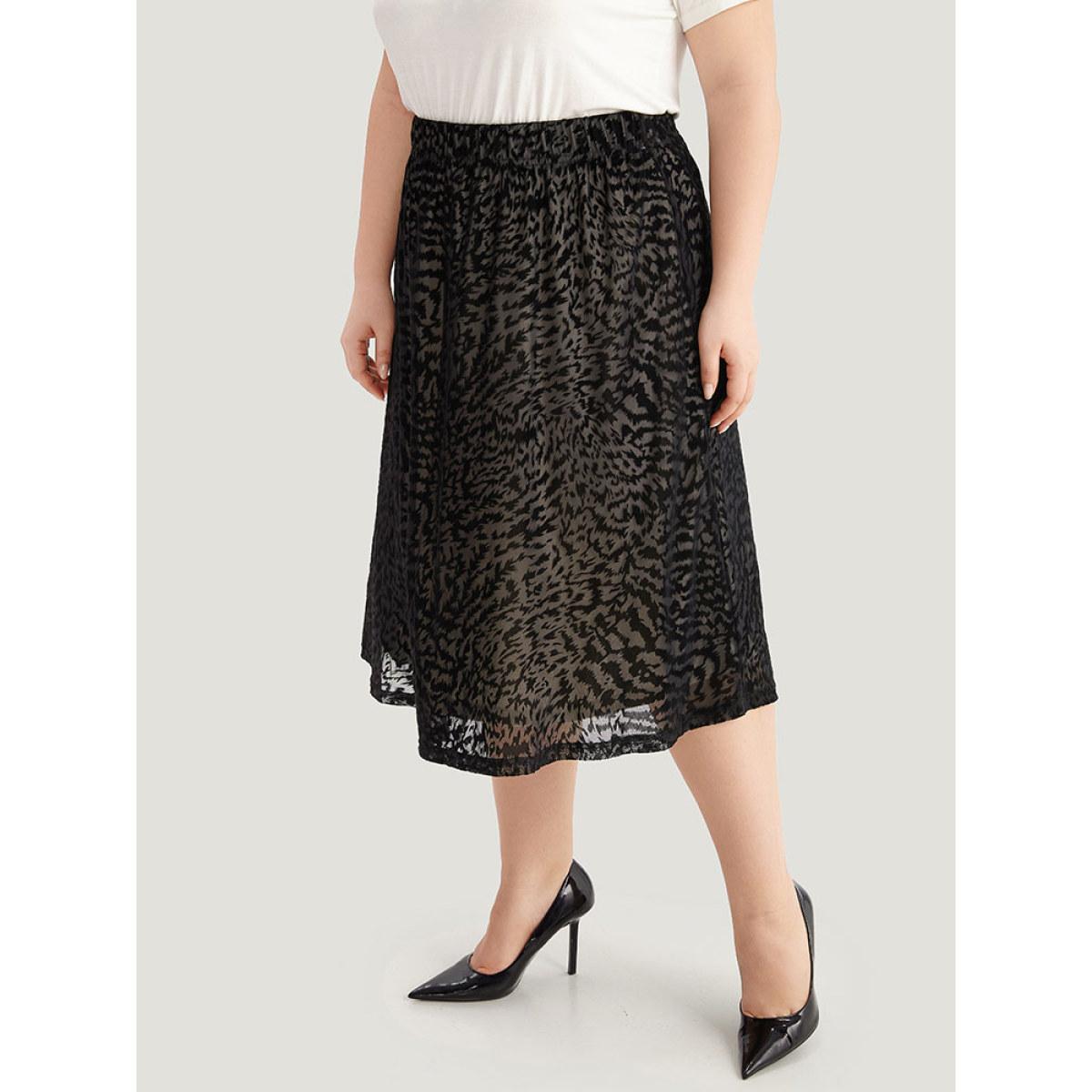 Plus Size Flocking Water Ripple Elastic Waist Midi Skirt Women Black Elegant Texture Low stretch Dailywear Skirts BloomChic 10/M Product Image