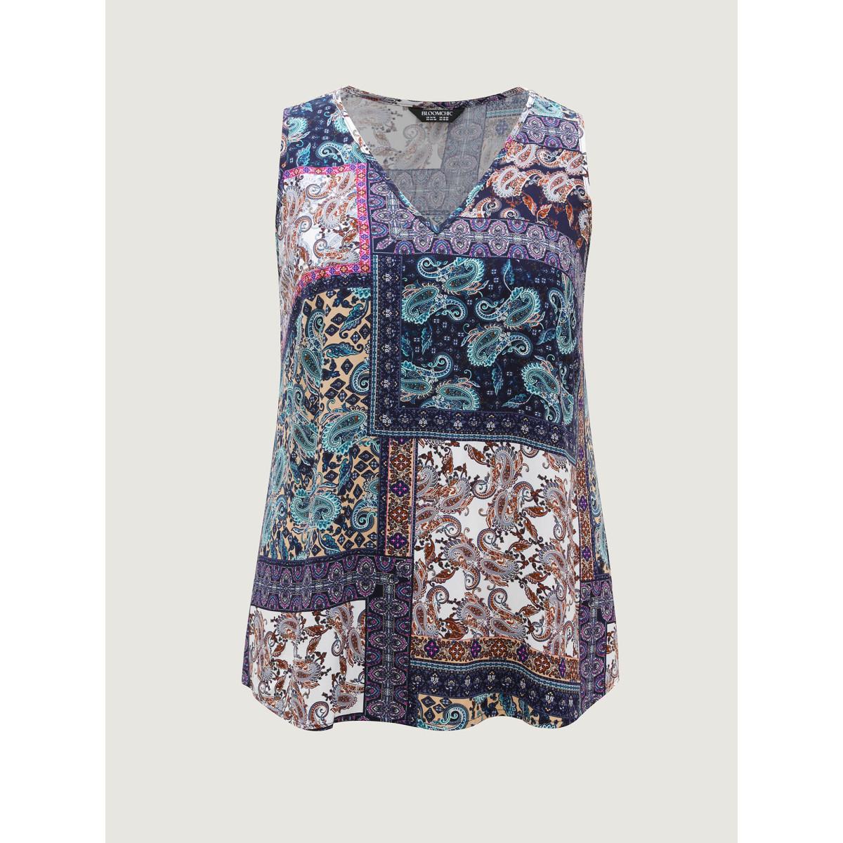 Plus Size Rayon Floral Contrast Collage Tank Top Women Multicolor Boho V-neck Vacation Tank Tops Camis BloomChic 28/5X Product Image