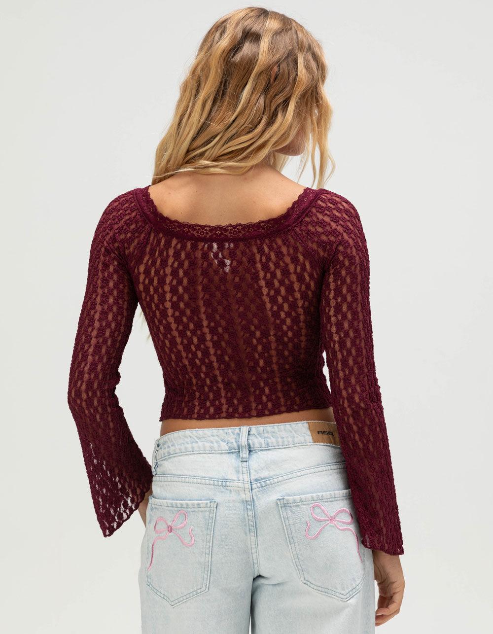 FULL TILT Womens Off The Shoulder Lace Top - BURGUNDY Product Image
