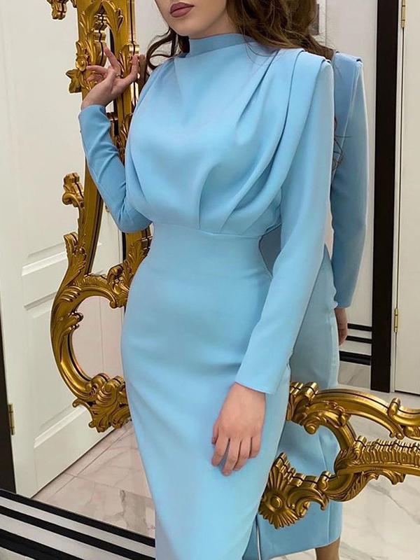 High Waisted Long Sleeves Pleated Solid Color Mock Neck Midi Dresses Product Image