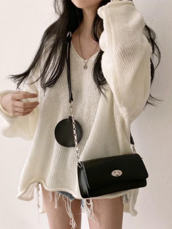 V Neck Rolled Hem Loose Sweater Product Image