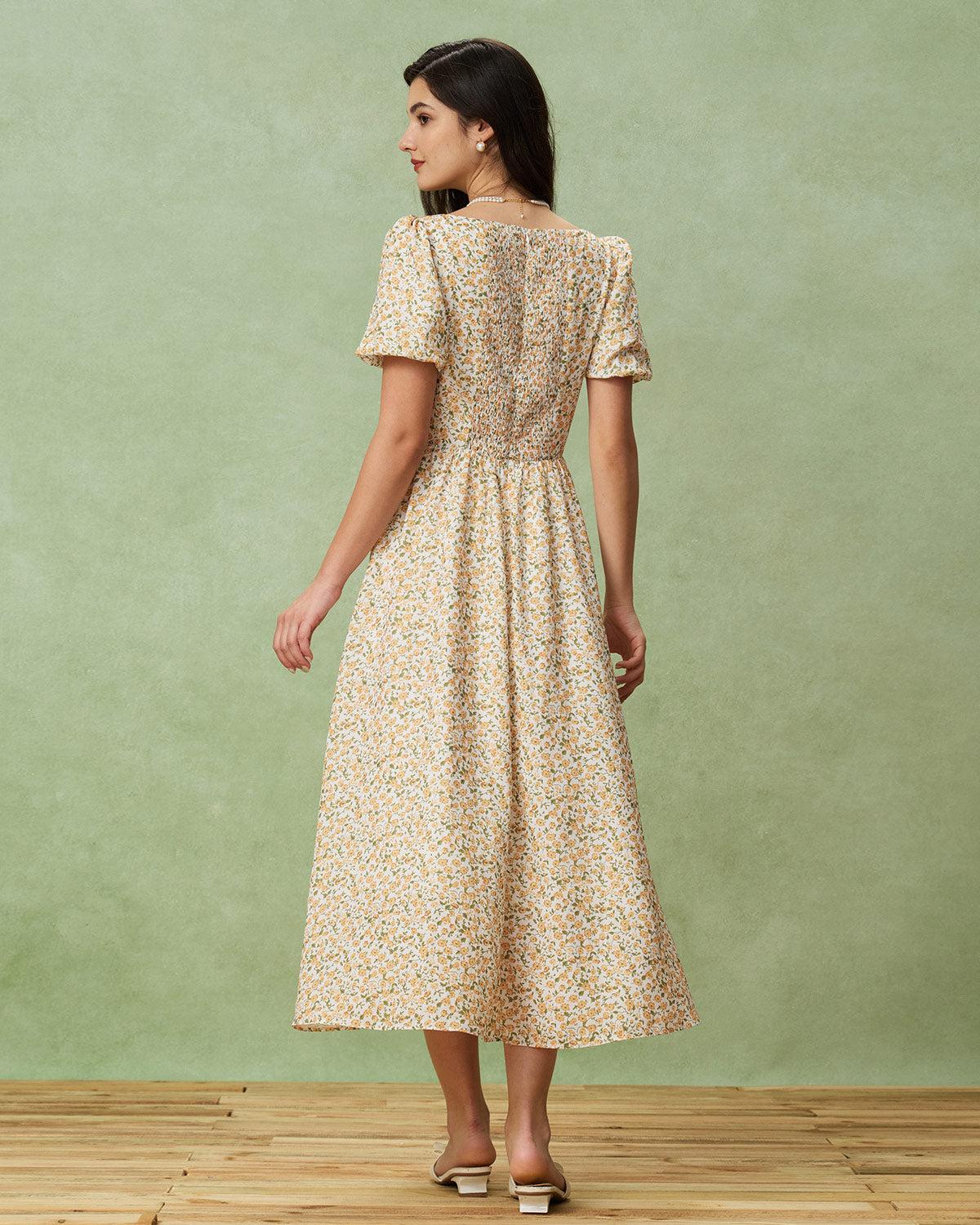 Yellow Floral Puffed Sleeve Midi Dress Product Image
