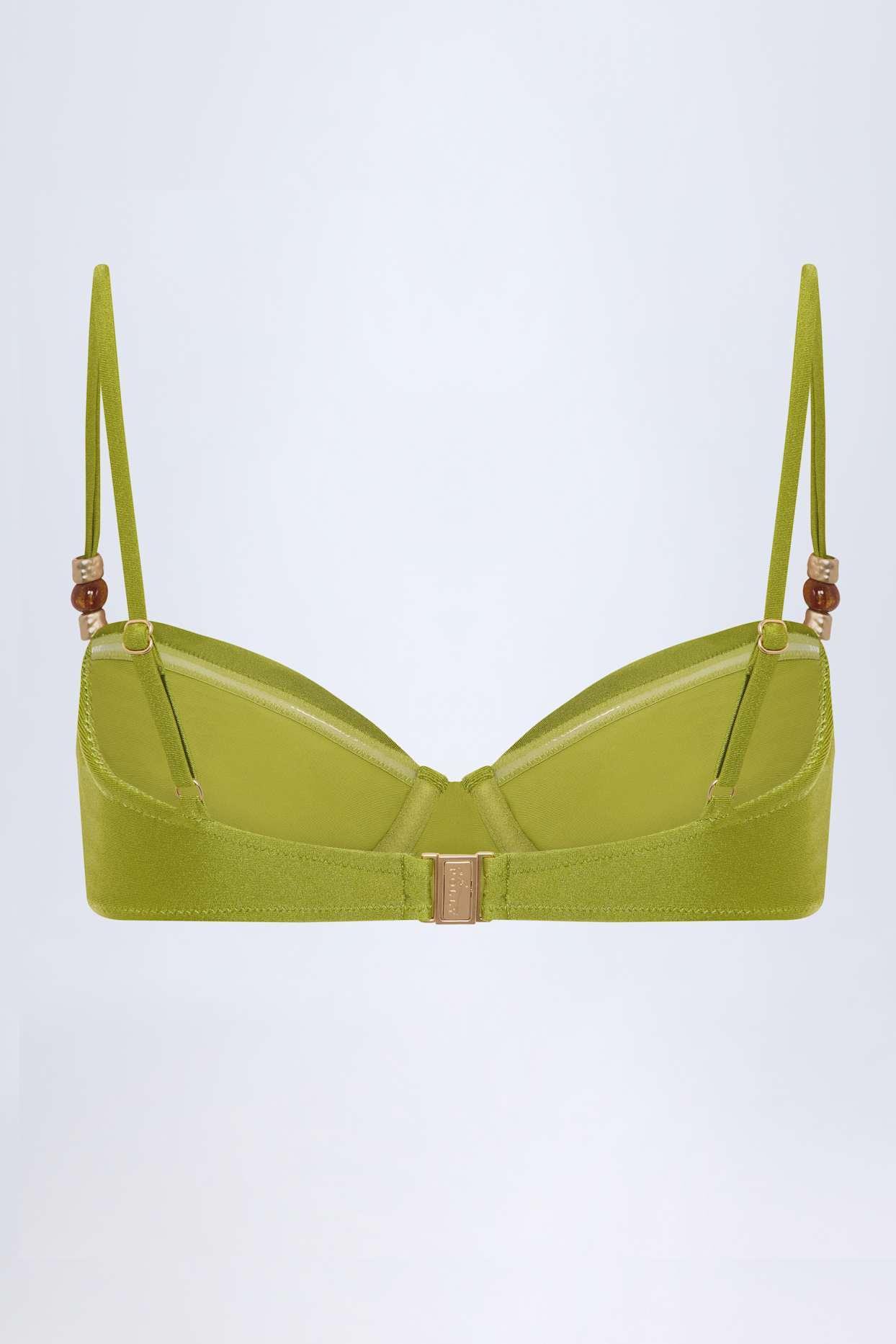 Bead-Embellished Ruched Underwired Bikini Top in Olive Green Product Image