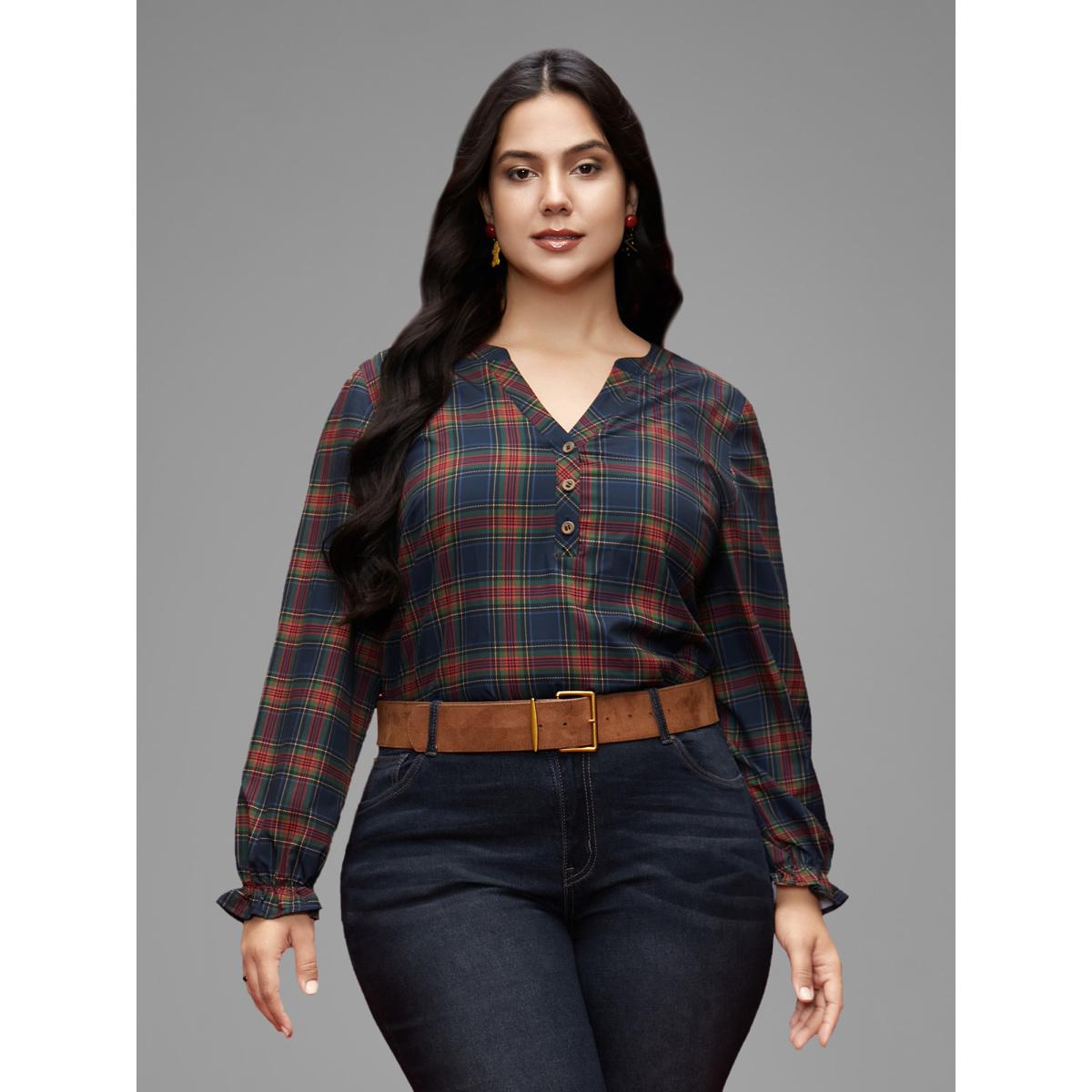 Plus Size Multicolor Plaid Pattern Notched Collar Slim-Fit Blouse Women Casual Long Sleeve Notched collar Everyday Blouses BloomChic 10/M Product Image