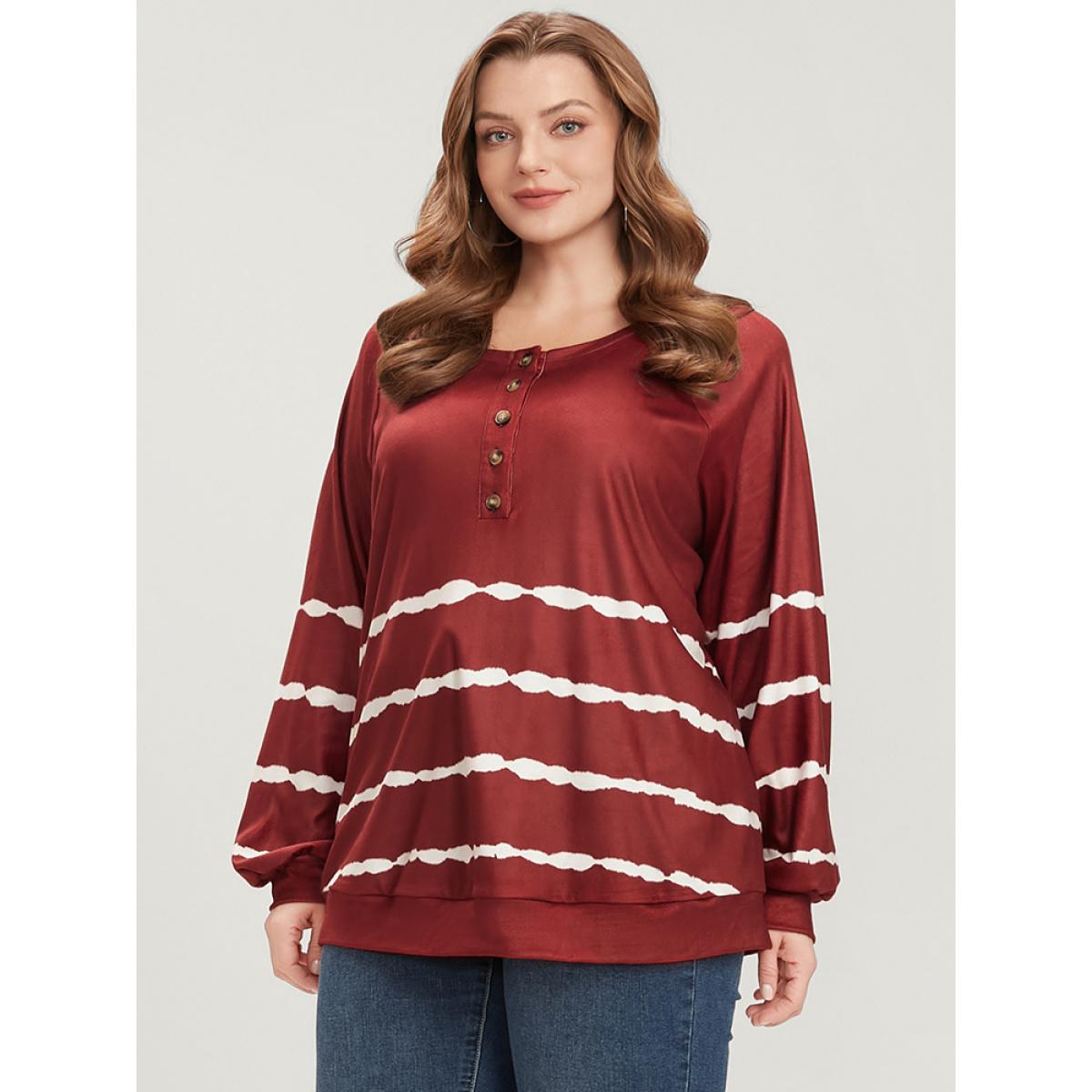 Plus Size Striped Print Round Neck Button Up Sweatshirt Women Scarlet Casual Tie Dye Round Neck Dailywear Sweatshirts BloomChic 12/L Product Image