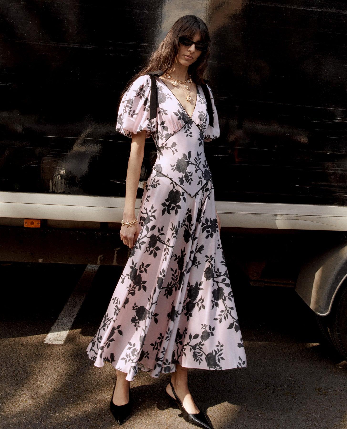 Pink Satin Floral Midi Dress Product Image