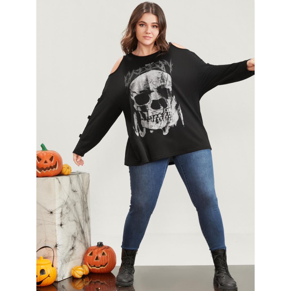 Plus Size Halloween Skull Print Cold Shoulder Sweatshirt Women Black Elegant Printed Round Neck Dailywear Sweatshirts BloomChic 10/M Product Image