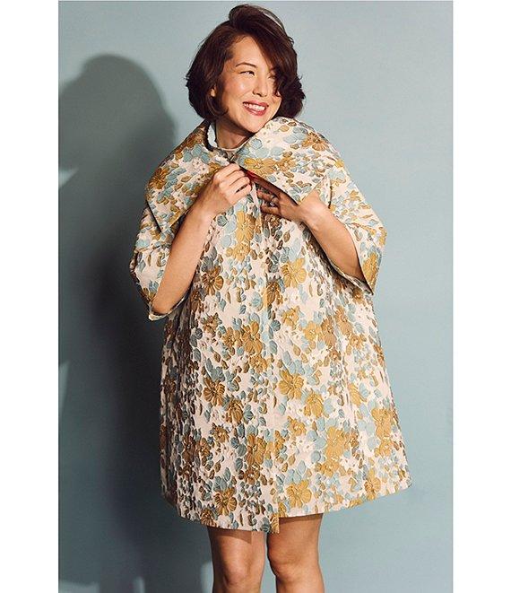 Buru Brocade Floral Oversized Point Collar 3/4 Sleeve Pocketed Topper Jacket Product Image