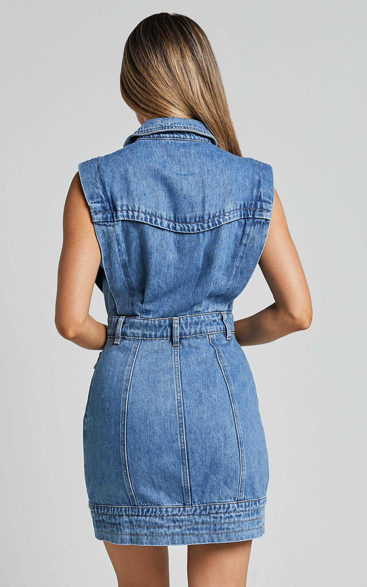 Jasse Mini Dress - Hardware Button Through Denim Dress in Mid Blue Wash Product Image