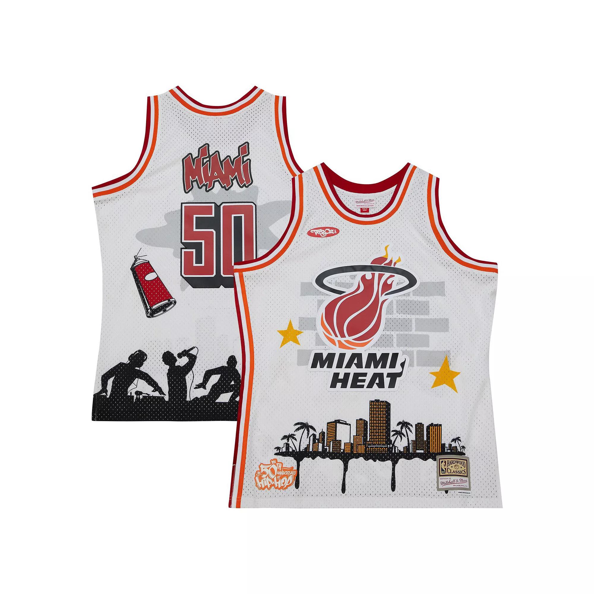 Men's Mitchell & Ness x Tats Cru White Miami Heat Hardwood Classics Fashion Jersey, Size: Small Product Image