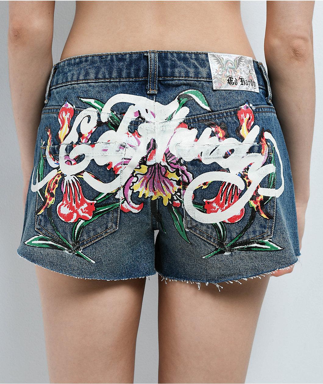 Ed Hardy Orchids Medium Vintage Blue Cutoff Shorts Product Image