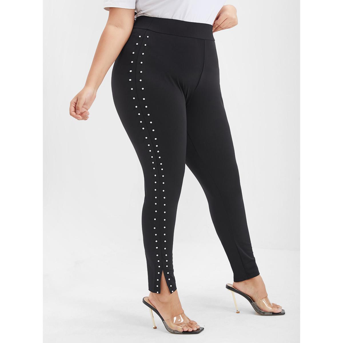 Plus Size Solid Beaded Split Hem Skinny Leggings Women Black Party Low stretch Skinny High Rise Going out Leggings BloomChic 18-20/2X Product Image