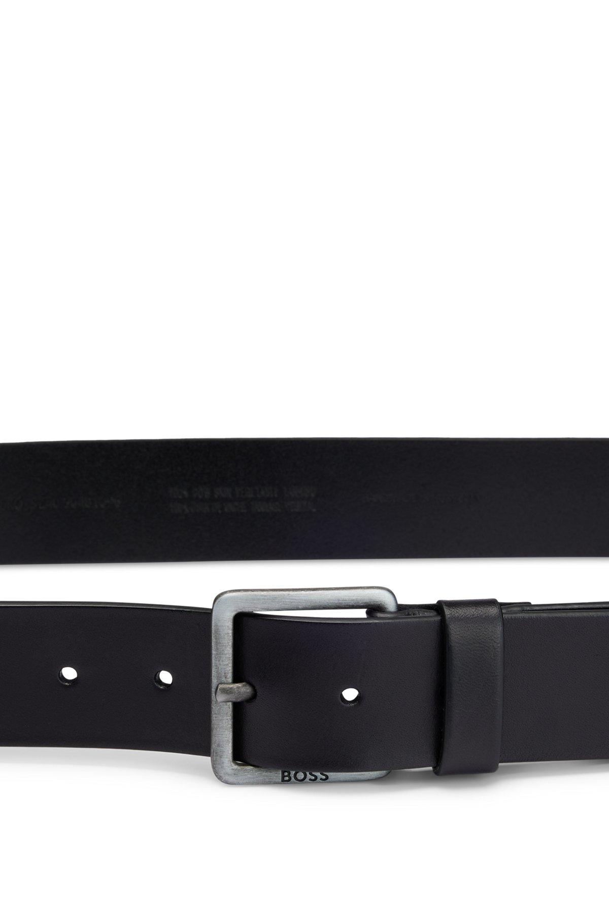 Leather belt with logo and dark ruthenium hardware Product Image