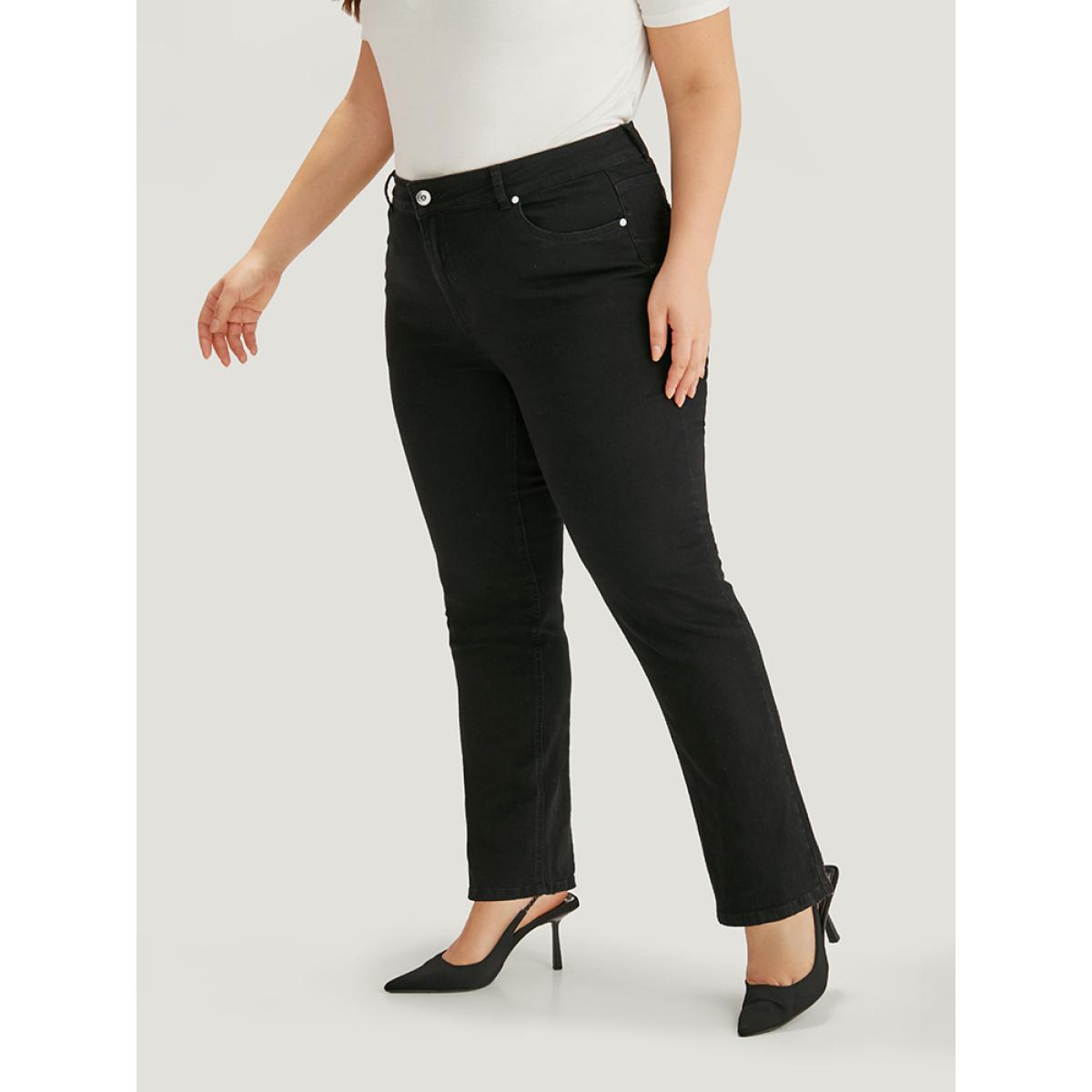 Plus Size Solid High Rise Black Wash Jeans Women Black Casual Plain Plain High stretch Pocket Jeans BloomChic 10/M Product Image