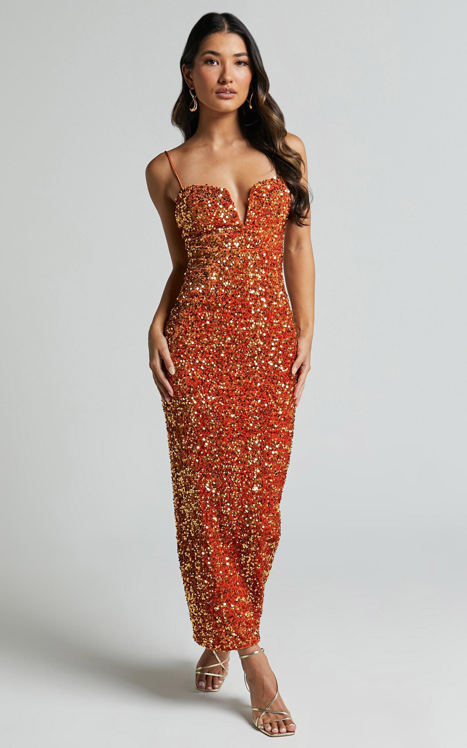 Rayner Midi Dress - V Bar Sequin Bodycon Dress in Copper Product Image