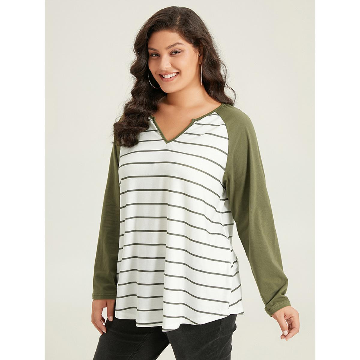 Plus Size Striped Notched Contrast Patchwork T-shirt ArmyGreen Women Casual Contrast Striped Notched collar Dailywear T-shirts BloomChic 12/L Product Image