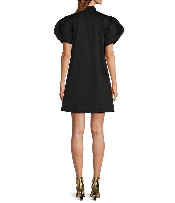 Mestiza New York Poplin Palm Tree Embroidered Mandarin Collar Short Puff Sleeve Dress Product Image