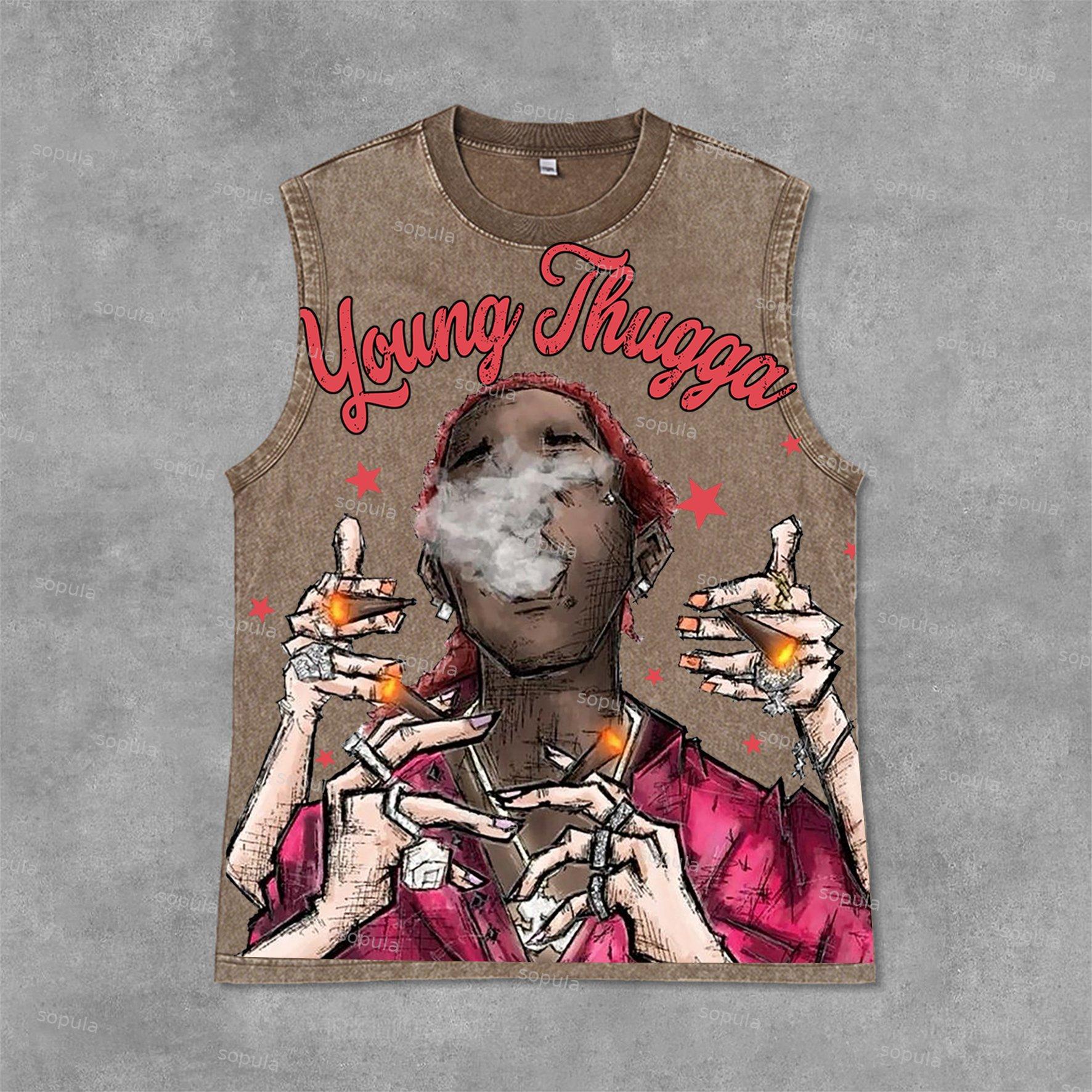 Young Thugga-Luh Lattt Graphics Print Acid Washed Sleeveless Tank Top Product Image