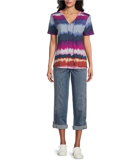 Westbound Petite Size Wavy Stripe Short Sleeve V-Neck Top Product Image